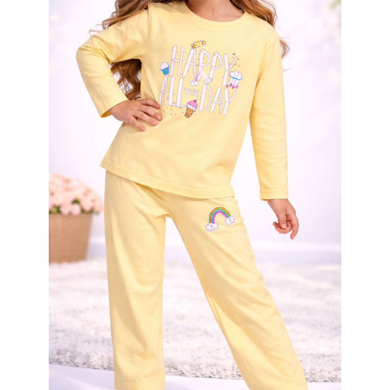 Ninos 100% Cotton Knit Full Sleeves "Happy All Day" Printed Coordinating Tee & Pants Set