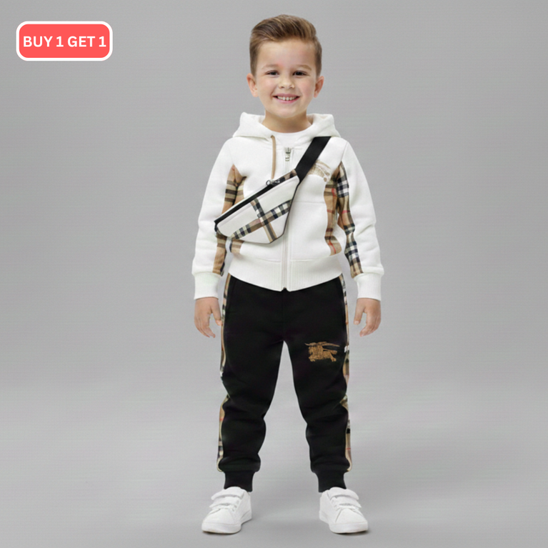 Boys White & Black Hooded Sweatshirt with Jogger Pants Set | Winter Wear Co-Ord Outfit with Check Panel Design
