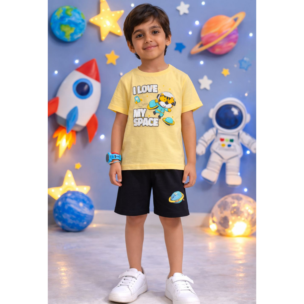 Ninos 100% Cotton Knit Half Sleeves "I Love My Space" Printed Coordinating Tee & Shorts Set for Boys