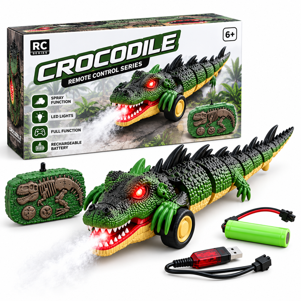 RC Crocodile Toy with Spray Function, LED Lights and Remote Control | 3.7V Rechargeable Battery