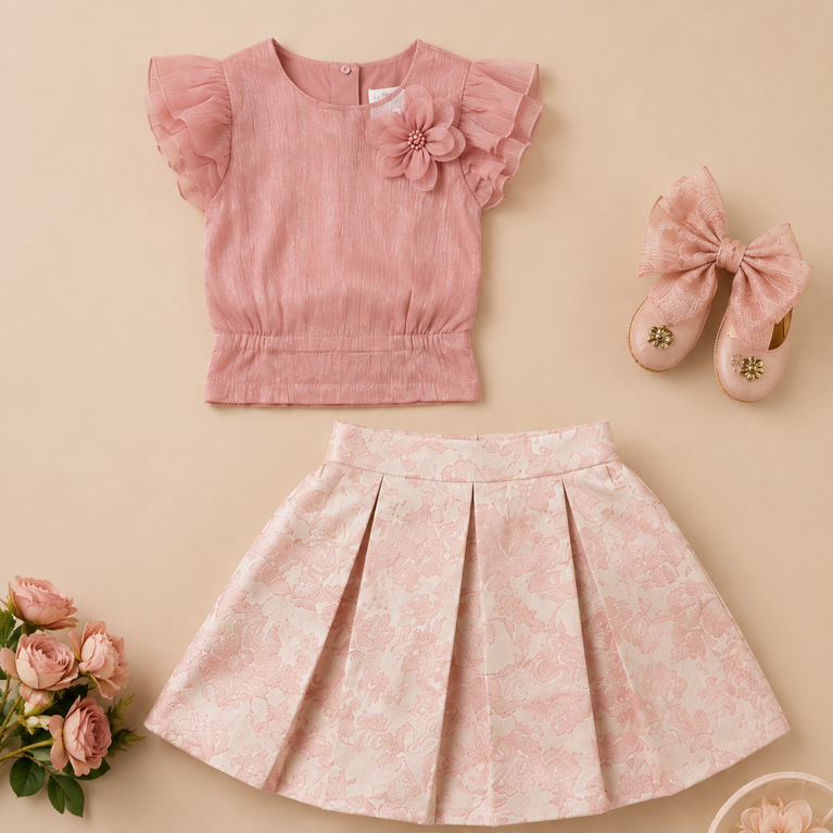 Dusty Rose Shimmer Ruffle Top & Floral Pleated Skirt Set