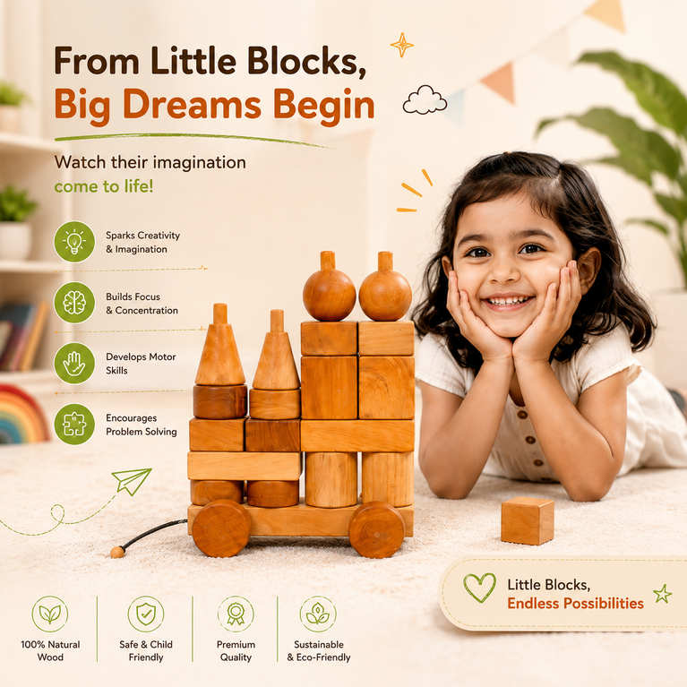 Premium Wooden Building Blocks Pull Cart Toy for Kids | Natural Montessori Learning Toy