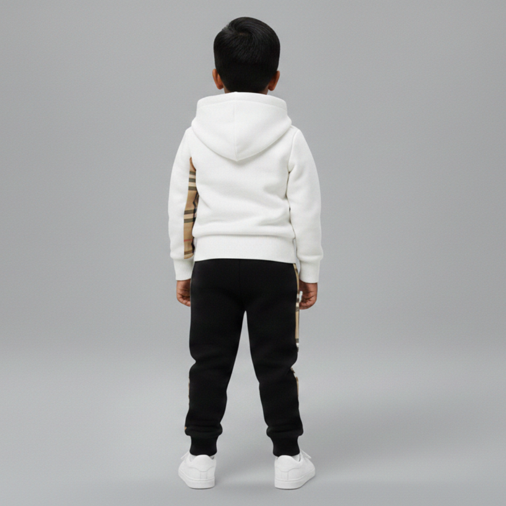 Boys White & Black Hooded Sweatshirt with Jogger Pants Set | Winter Wear Co-Ord Outfit with Check Panel Design