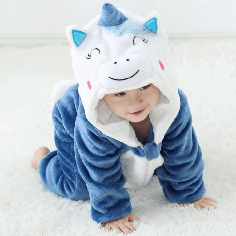 Michley- Unisex Baby Winter Hooded Romper Flannel Unicorn Style Stitch Animal Long Sleeves Zip Cosplay Dress
