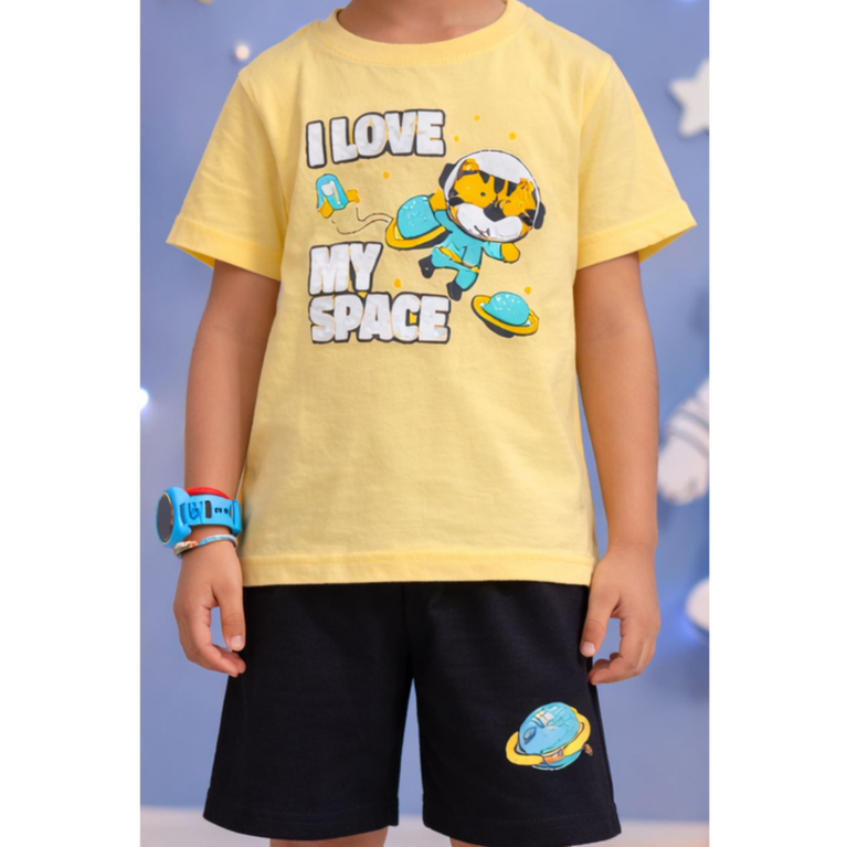 Ninos 100% Cotton Knit Half Sleeves "I Love My Space" Printed Coordinating Tee & Shorts Set for Boys