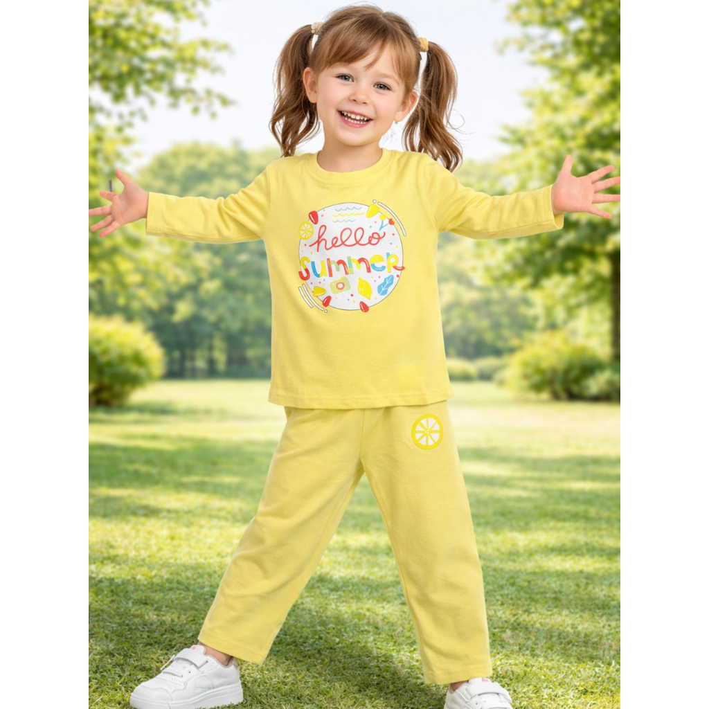 Ninos 100% Cotton Knit Full Sleeves "Hello Summer" Printed Coordinating Tee & Pants Set for Girls