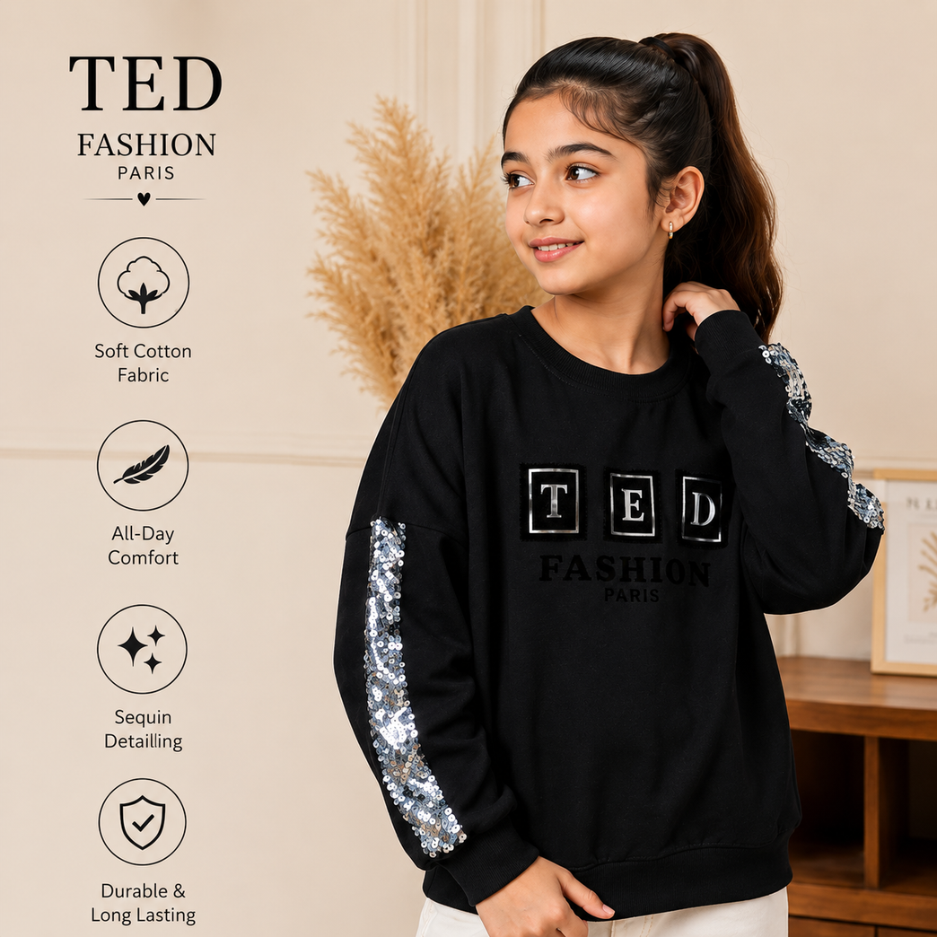 Girls Premium Black Sequin Sleeve Sweatshirt – Stylish Casual Winter Top for Kids