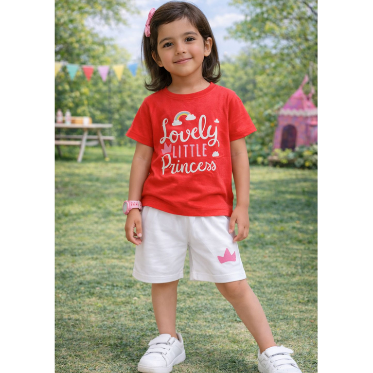 Ninos 100% Cotton Knit Half Sleeves "Lovely Little Princess" Printed Coordinating Tee & Shorts Set