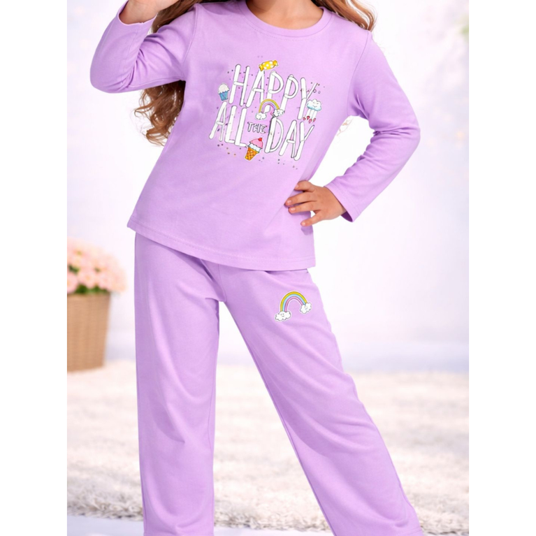 Ninos 100% Cotton Knit Full Sleeves "Happy All Day" Printed Coordinating Tee & Pants Set