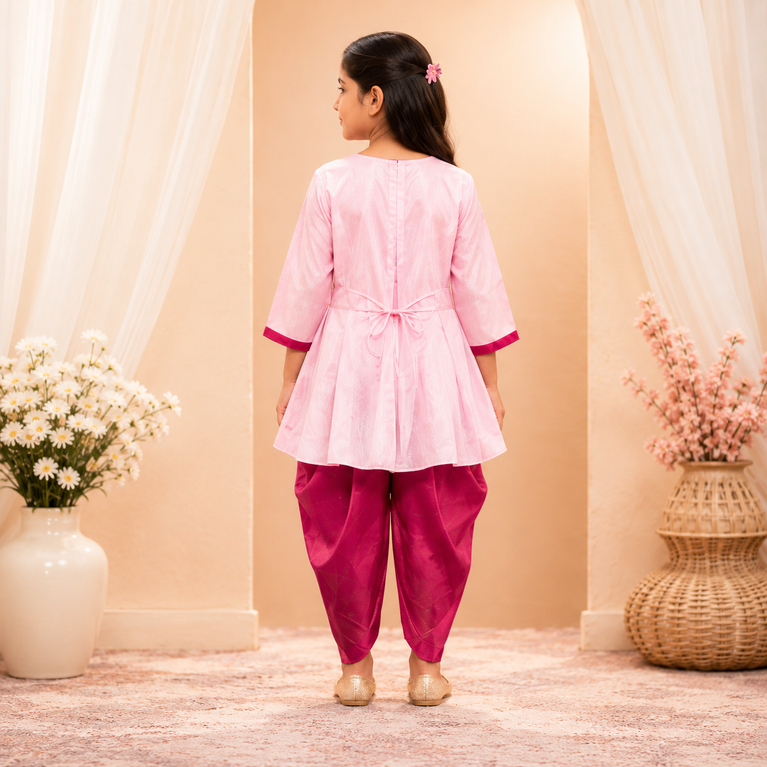 Girls Festive Dhoti Kurta Set with Embroidered Jacket – Traditional Ethnic Wear for Kids