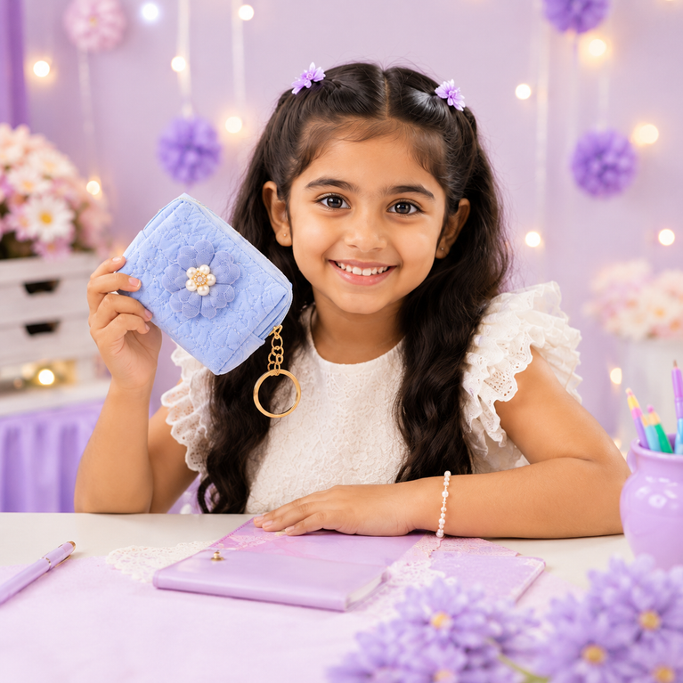 Floral Quilted Coin Purse Girls | Mini Zipper Wallet with Pearl Flower Charm, Keychain Ring | Cute Cash, Coin & Earbuds Pouch (Multi-Color)