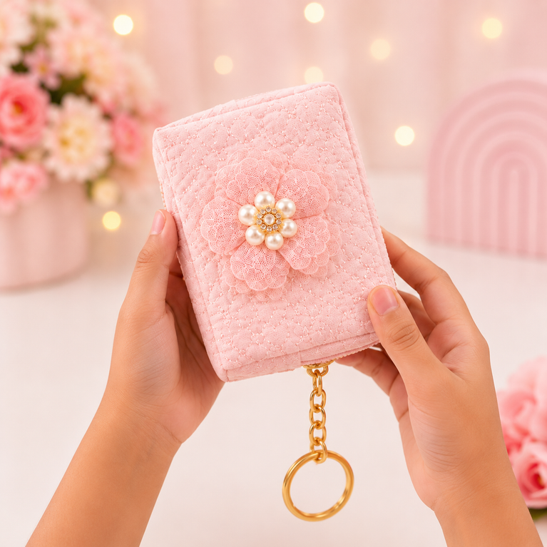 Floral Quilted Coin Purse Girls | Mini Zipper Wallet with Pearl Flower Charm, Keychain Ring | Cute Cash, Coin & Earbuds Pouch (Multi-Color)