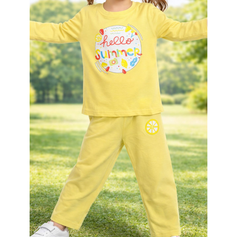 Ninos 100% Cotton Knit Full Sleeves "Hello Summer" Printed Coordinating Tee & Pants Set for Girls