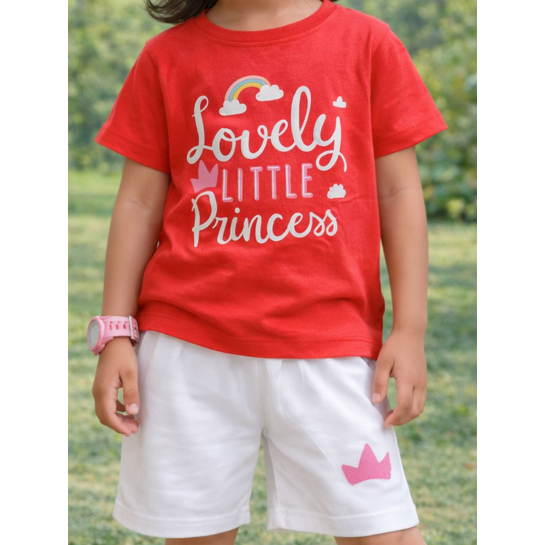 Ninos 100% Cotton Knit Half Sleeves "Lovely Little Princess" Printed Coordinating Tee & Shorts Set