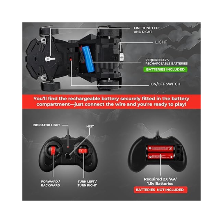 Batman Batmobile Remote Control Car with Mist Spray Action Flashing Lights USB Rechargeable RC Car for Kids
