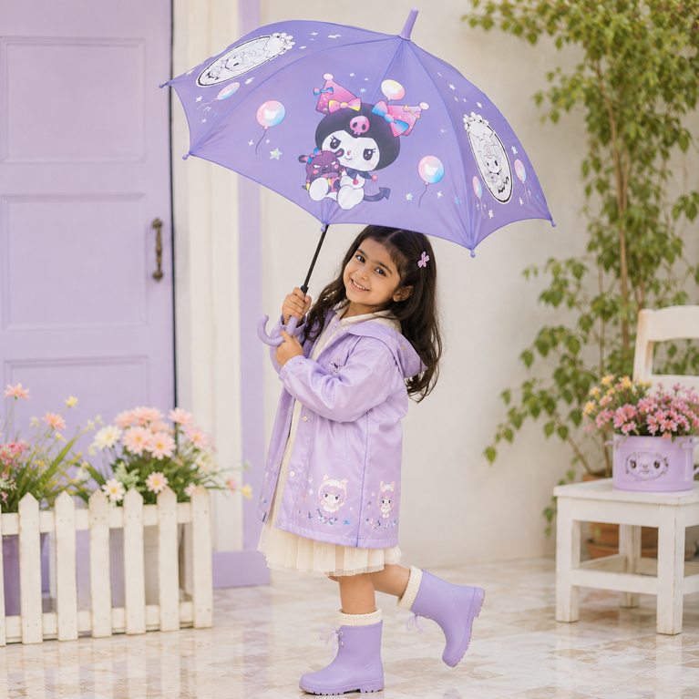 Kids Purple Cartoon Print Umbrella | Cute Lightweight Rain Umbrella with Curved Handle