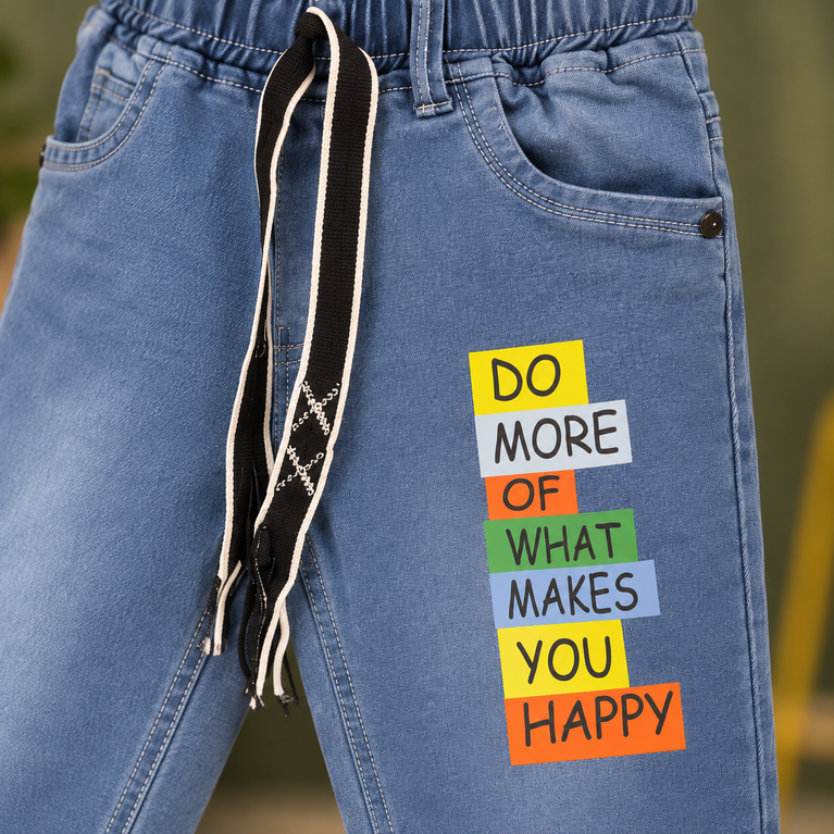 Light Blue Printed Jogger Jeans with Drawstring | Kids Denim Joggers