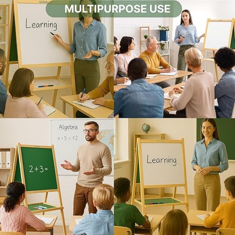 Kids 2-in-1 Wooden Double Sided Board Chalkboard & Whiteboard Learning Easel with Storage Tray