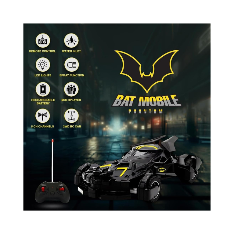Batman Batmobile Remote Control Car with Mist Spray Action Flashing Lights USB Rechargeable RC Car for Kids
