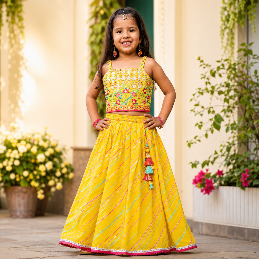 Yellow Embroidered Lehenga Choli Set | Floral Mirror Work Festive Ethnic Wear for Kids | Wedding, Haldi &amp; Festival Outfit