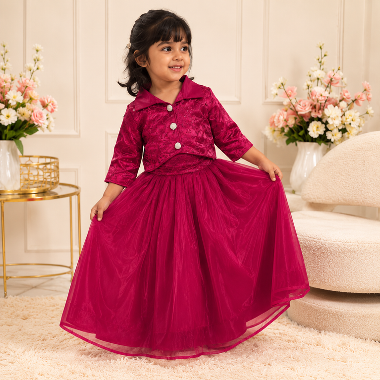 Fuchsia Pink Party Wear Lehenga Choli with Jacket & Net Dupatta | Designer Princess Outfit