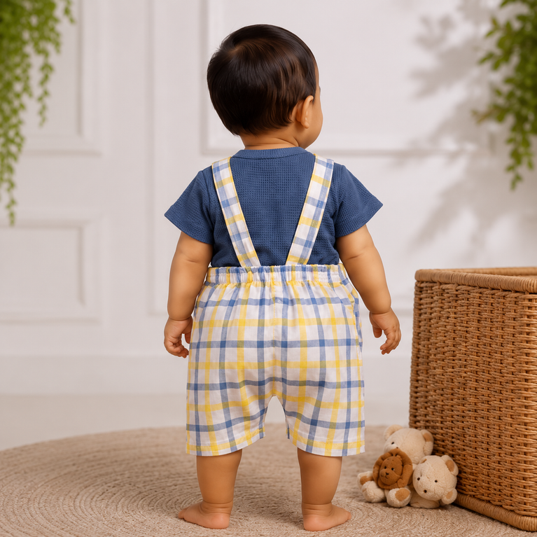 Blue & Yellow Checked Baby Dungaree Romper Set with Textured Tee | Soft Cotton Summer Outfit for Boys