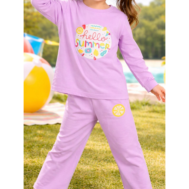 Ninos 100% Cotton Knit Full Sleeves "Hello Summer" Printed Coordinating Tee & Pants Set for Girls