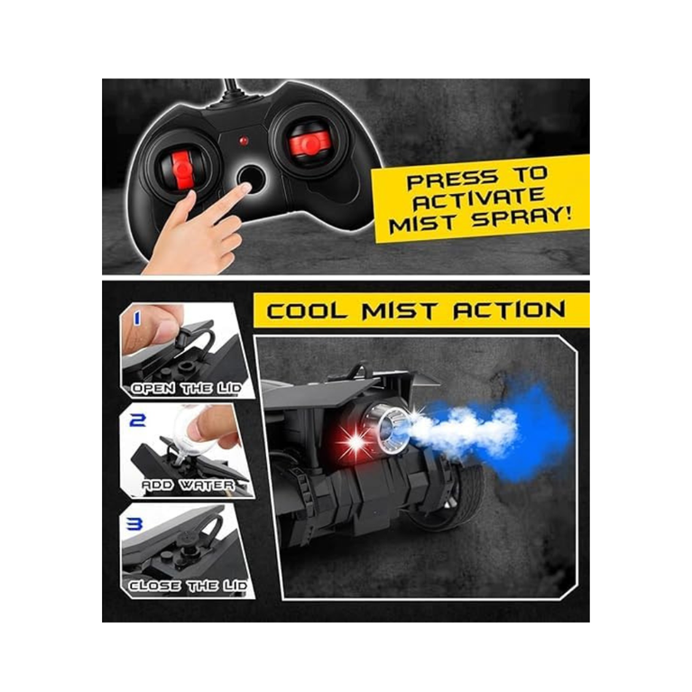 Batman Batmobile Remote Control Car with Mist Spray Action Flashing Lights USB Rechargeable RC Car for Kids