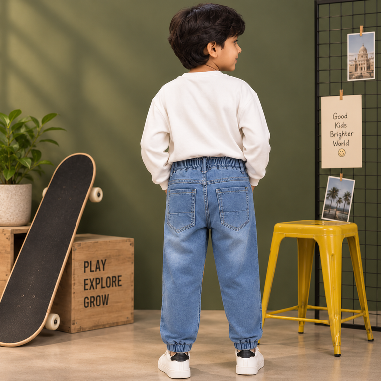 Light Blue Printed Jogger Jeans with Drawstring | Kids Denim Joggers