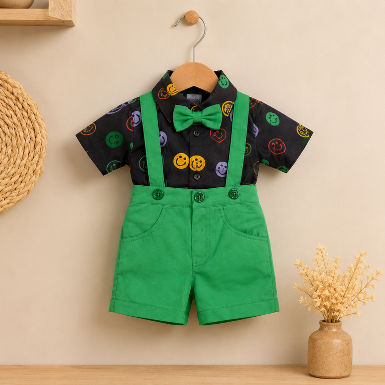 Smiley Print Boys Suspender Shorts Set with Bow Tie – Premium Kids Party Wear Outfit | Trendy Toddler Clothing