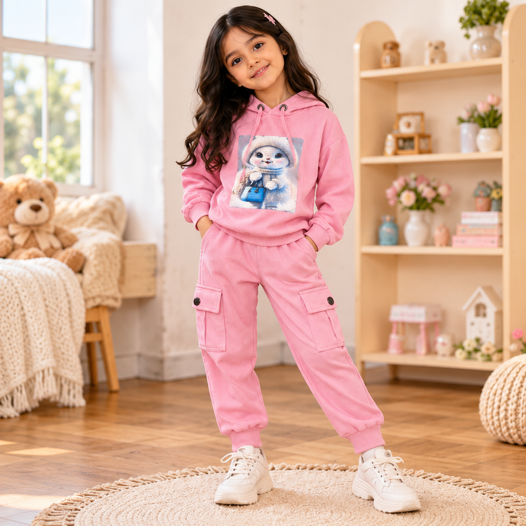Pink Cat Print Hoodie & Cargo Pants Co-Ord Set | Kids Winter Outfit