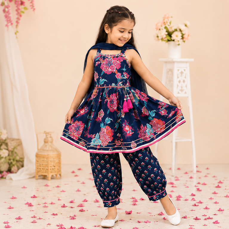 Navy Blue Floral Printed Kurti with Dhoti Pants &amp; Dupatta Set | Kids Ethnic Festive Wear | Traditional Co-ord Outfit