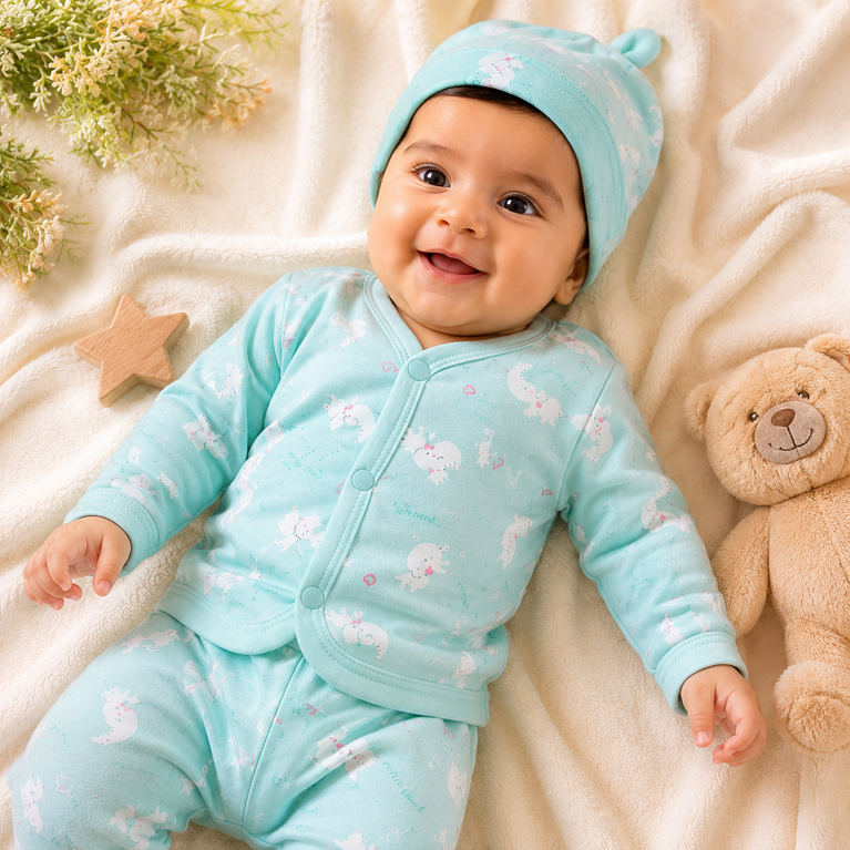 Newborn Baby Cotton Bunny Print Clothing Set with Cap | Full Sleeve Front-Button Top & Pants | Soft & Gentle Baby Wear (3-Piece)
