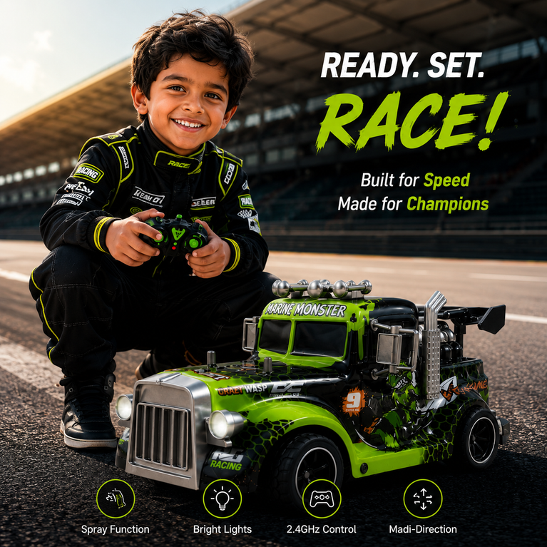 Hornet RC Spray Light Truck with 2.4GHz Remote Control, LED Lights &amp; Mist Spray – Rechargeable Racing Toy for Kids