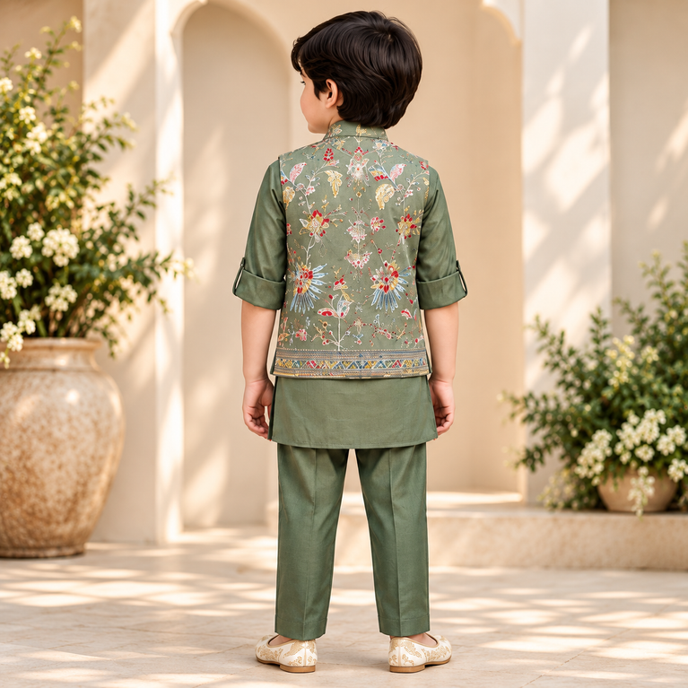 Infants Full Sleeves Ethnic Green Embroidered Bandi Kurta Set For Kids