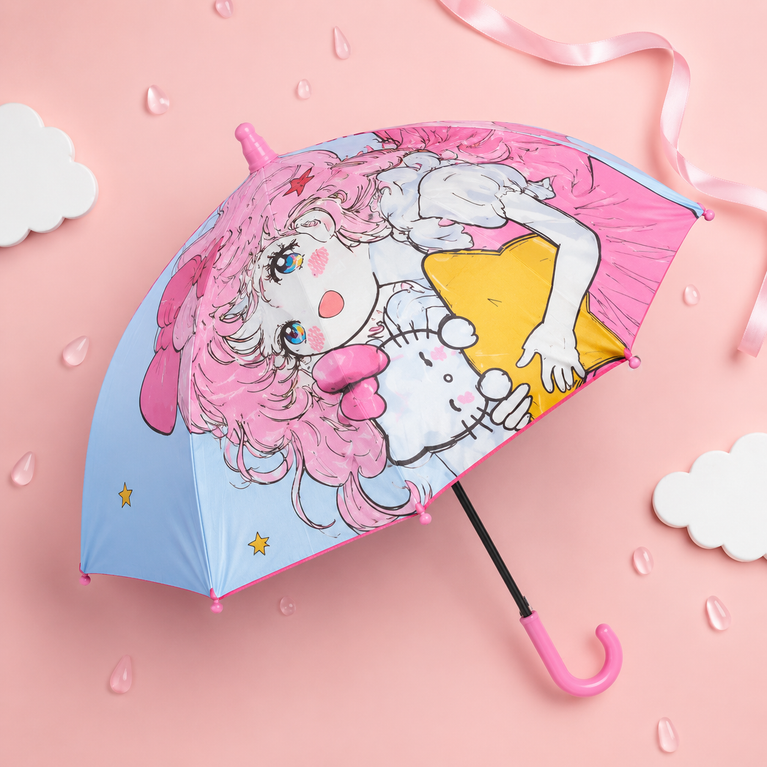 Kids Cartoon Print Umbrella with Pink Handle | Cute Rain Umbrella