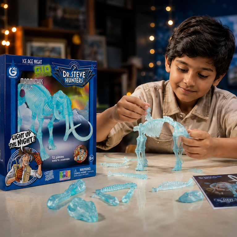 Glow-in-the-Dark Mammoth Skeleton STEM Assembly Kit for Kids (12 Pieces)
