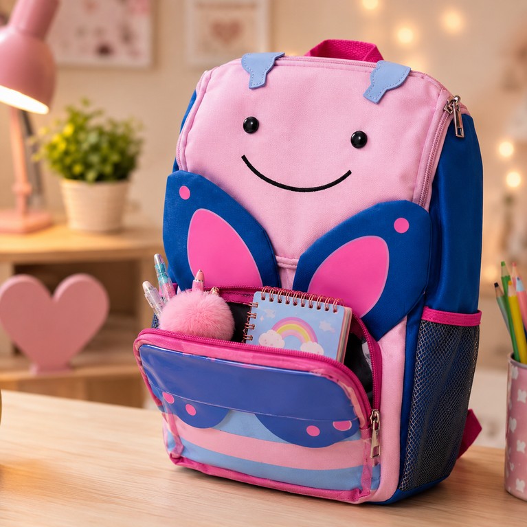 Butterfly Design Kids School Backpack with 3D Wings &amp; Side Bottle Pocket | Pink &amp; Blue