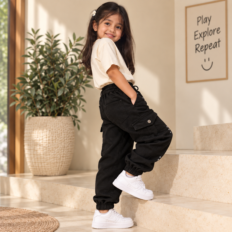 Black Cargo Jogger Pants for Girls with Utility Pockets| 9-10 years