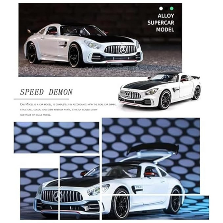 Nino's Die-Cast Mercedes Benz GTR Toy Car with Pull Back Action, Lights & Sound (White/Black)