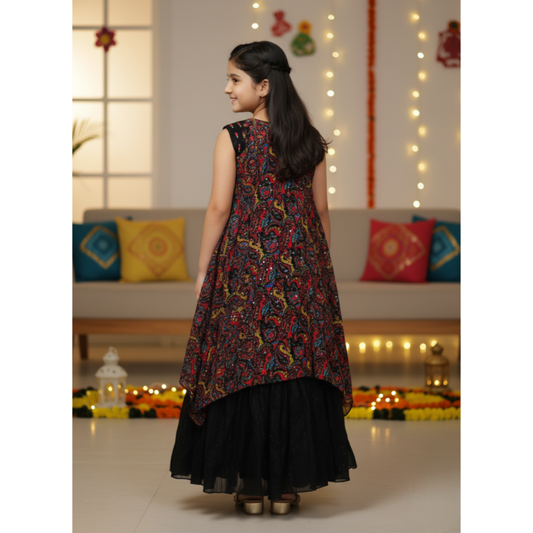 NINOS Girls Black Multi-Color Embroidered Lehenga, Crop Top & Shrug Set – Festive & Party Wear