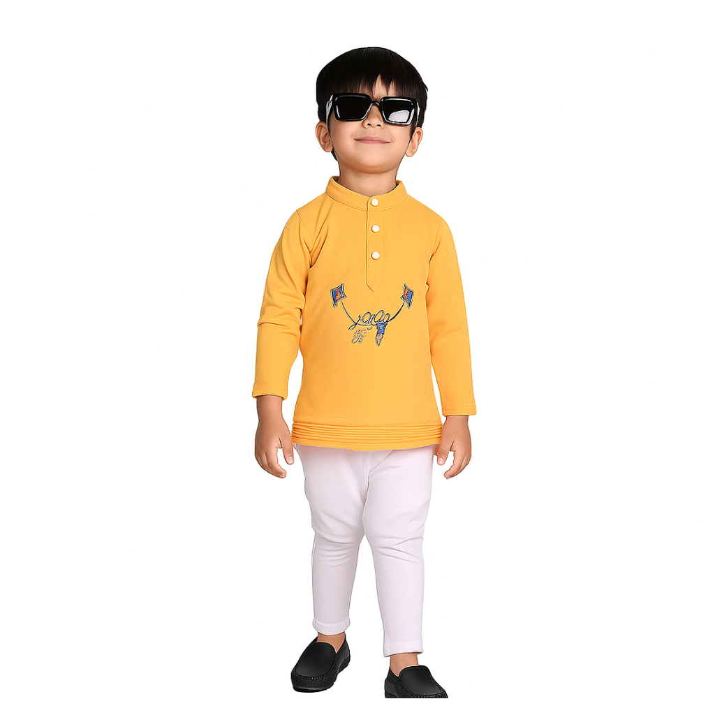 Ninos Boys Cotton Full Sleeves Festive Multidesign Party Kurta Pyjama Set- Mustard