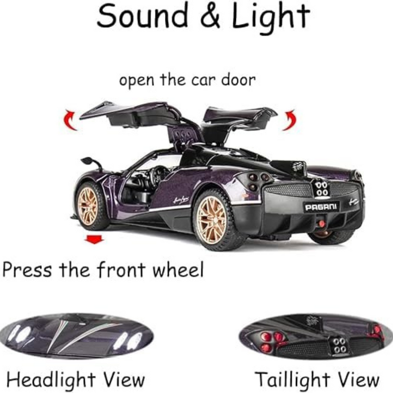 Nino's Pagani Huayra Dinastia 1:24 Diecast Car with Lights, Sound & Spray – Blue/Red