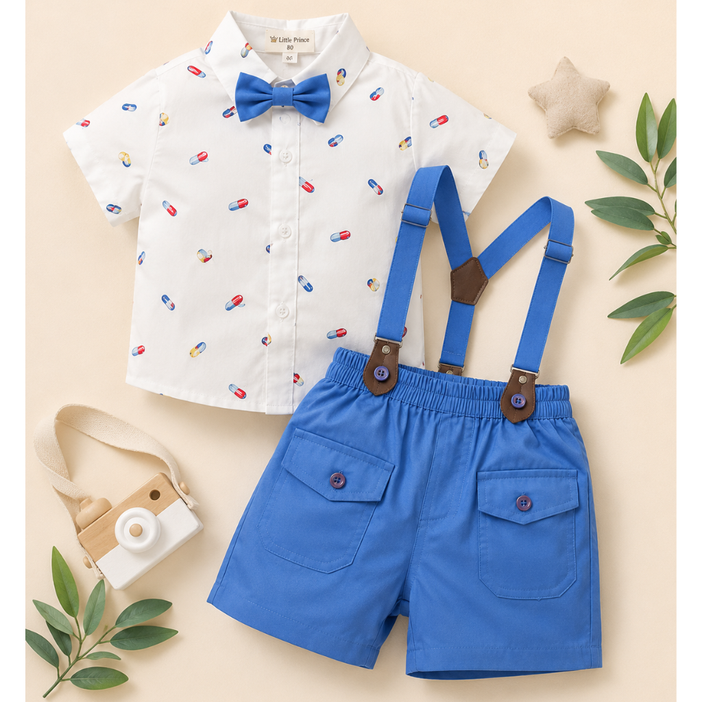Kids Summer Printed Shirt Shorts Set with Suspenders Bow Tie Outfit
