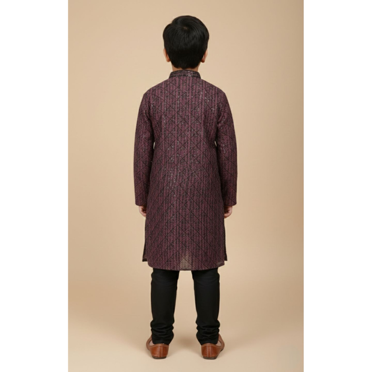Boys Wine & Black Geometric Print Kurta with Solid Pajama Set - 2 Piece Festive Ethnic Wear
