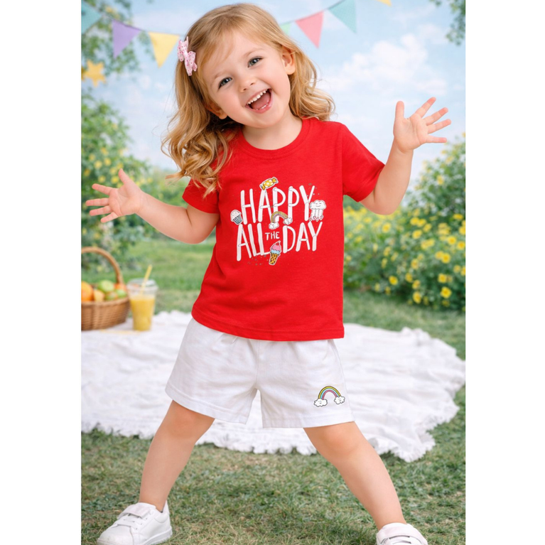 Ninos 100% Cotton Knit Half Sleeves "Happy all the Day" Printed Coordinating Tee & Shorts Set for Girls