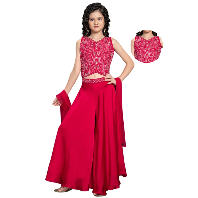 Girls Festive Pink Palazzo Set – Silk Blend Embroidered Top with Dupatta