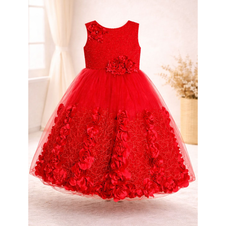 Elegant Floral Embellished Party Wear Gown for Girls with Glitter Tulle Skirt