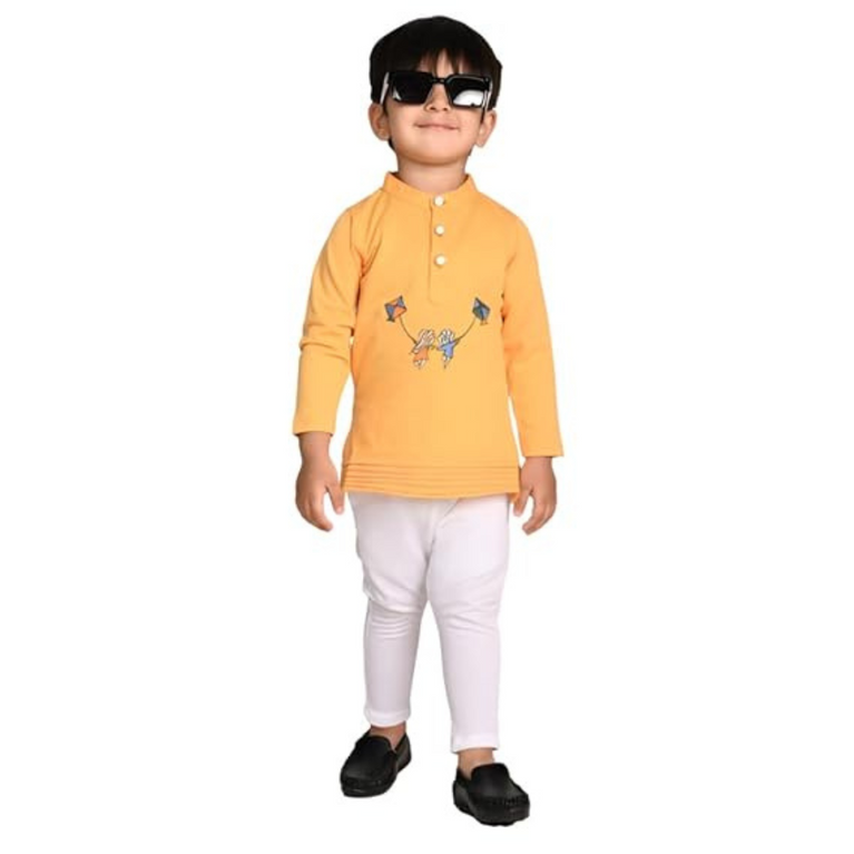 Ninos Boys Cotton Full Sleeves Festive Multidesign Party Kurta Pyjama Set- Mustard