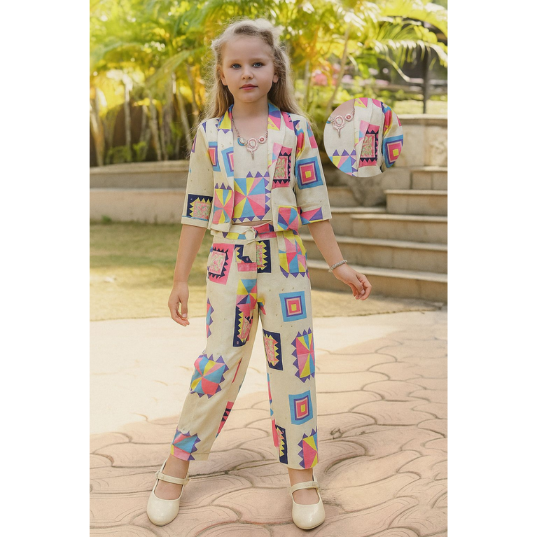 Girls Festive Multicolor Co-ord Set – Stylish Cotton Blend Outfit